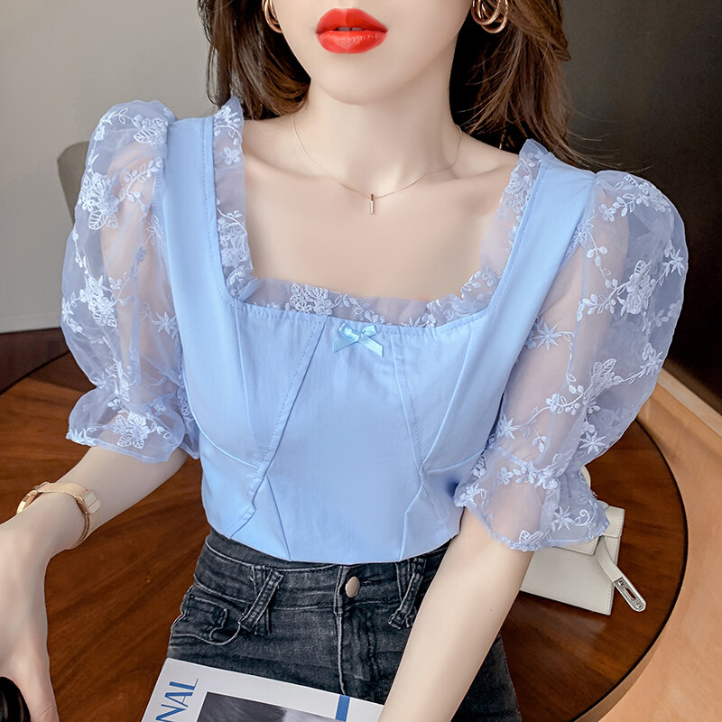 Blusas femininas pescoço quadrado 2021 verão nova coreano blusa de renda camisa superior manga curta puff fino flores blusa feminina 06f