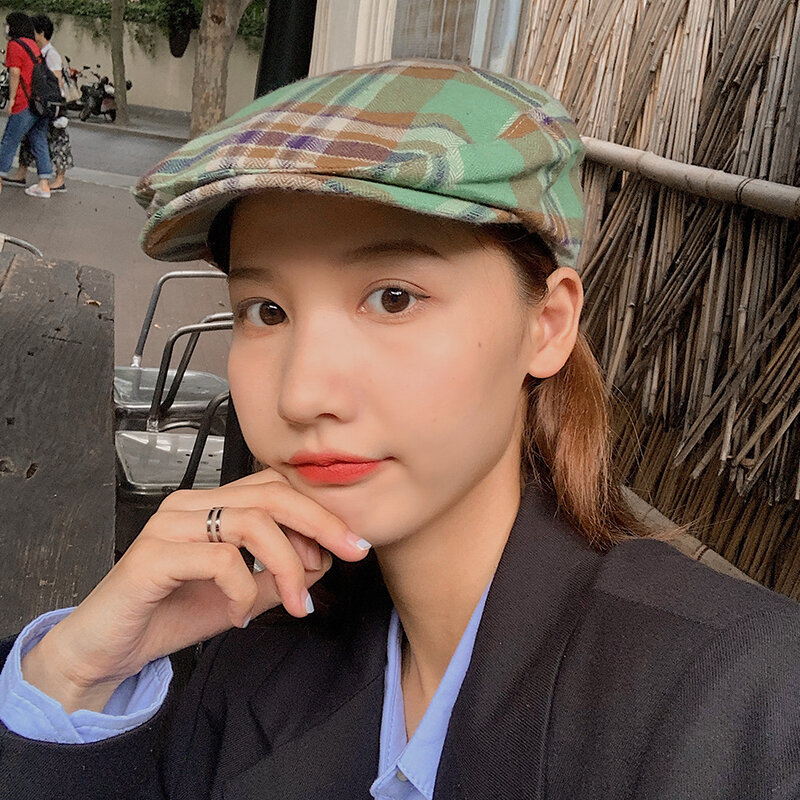 Hat Female Online Influencer Ins Japanese-Style Retro Checked Beret Niche Fashion All-Match Hong Kong Style Advance Hats Korean