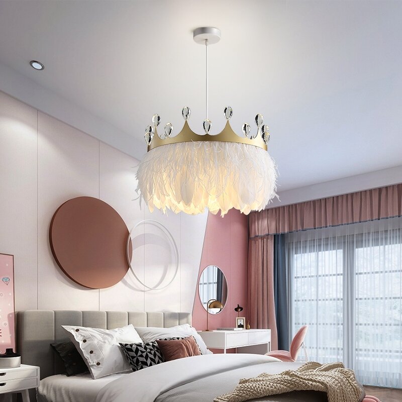 Kobuc lampade a sospensione moderne in piuma bianca corona d'oro lampada a sospensione per ragazza con decorazioni in cristallo per camera da letto Hotel AC110V 220V