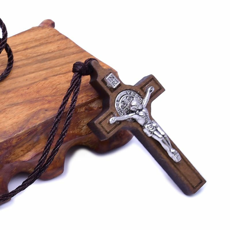 Jesus Cross Necklace Wood Metal Pendant Jewelry Men Womens Catholic Religious 