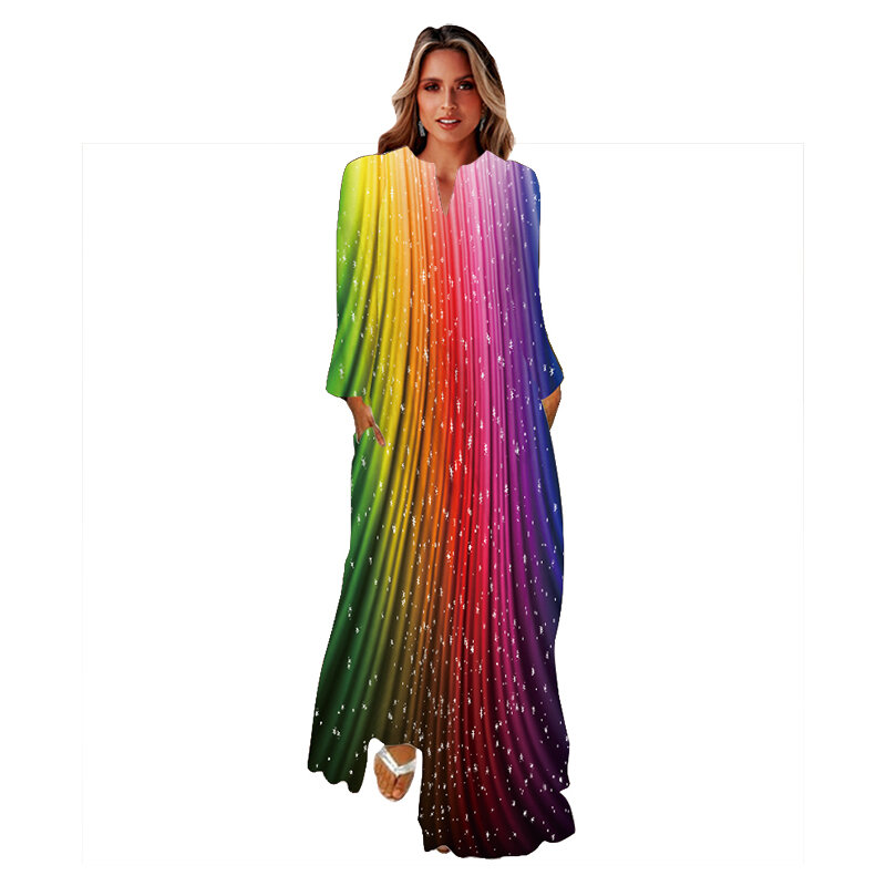 MOVOKAKA – robe Maxi à manches longues pour femmes, élégante, décontractée, plage, imprimé floral 3D, fête, col en V, printemps automne
