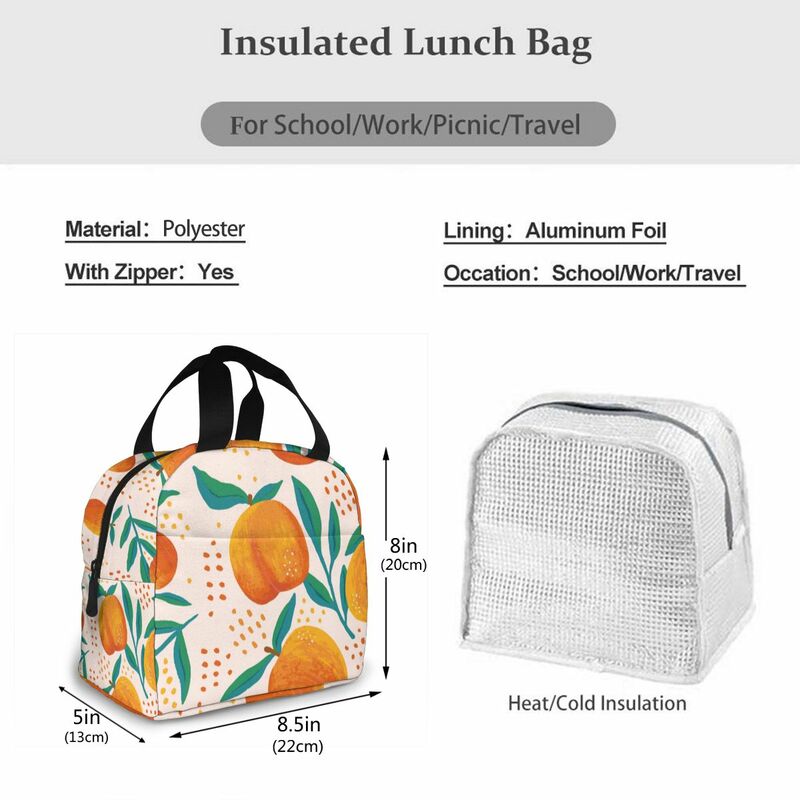 Hand Drawn Peach Lunch Bag Portable Insulated Thermal Cooler Bento Lunch Box Tote Picnic Storage Bag Pouch