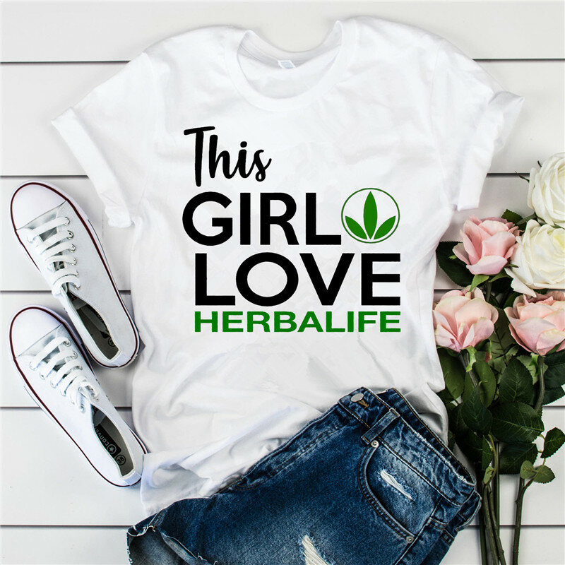 LUSLOS questa ragazza ama Herbalife lettera stampata estate donna T shirt moda nuova trombe manica corta t-shirt bianche