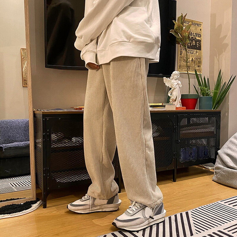 Man แบบสบายๆขาตรงกางเกงผู้หญิง Corduroy สีทึบ Oversize กางเกง Man Warm เกาหลี Streetwear กางเกง
