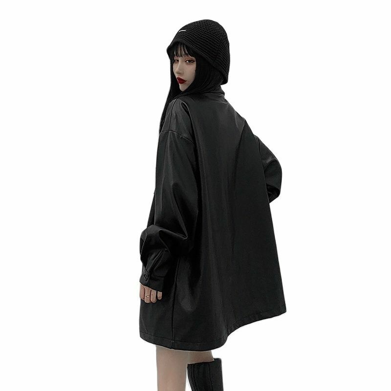 Jaket Moto Kulit Longgar Wanita Kasual Jepang Pakaian Luar Mantel Jalan Raya Korea Streetwear Chic Atasan Hitam Lengan Panjang