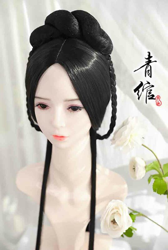 Hanfu perucas femininas, cabelo hanfu tradicional chinês, acessório para cosplay, acessório feminino, penteado preto