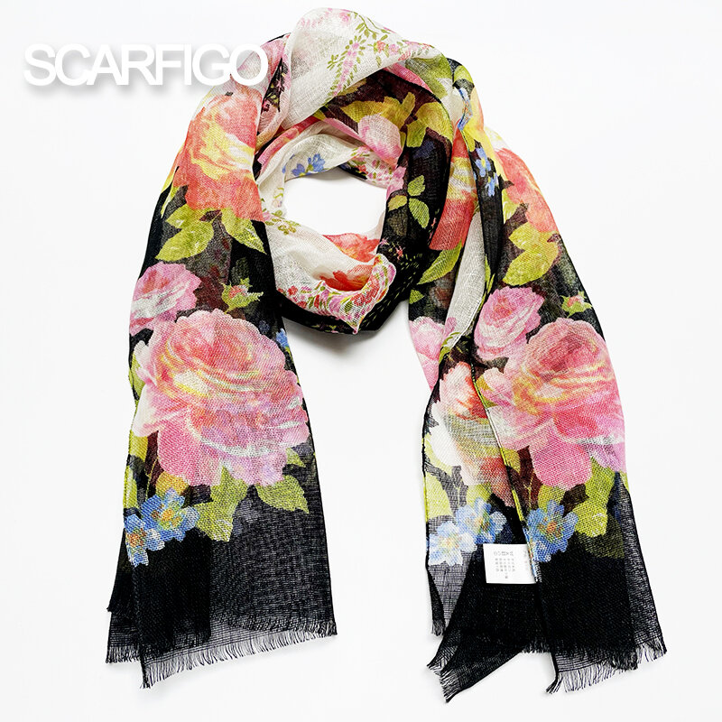 SCARFIGO-bufandas de lino 100% con estampado Floral para mujer, chales de primavera, 175x55cm