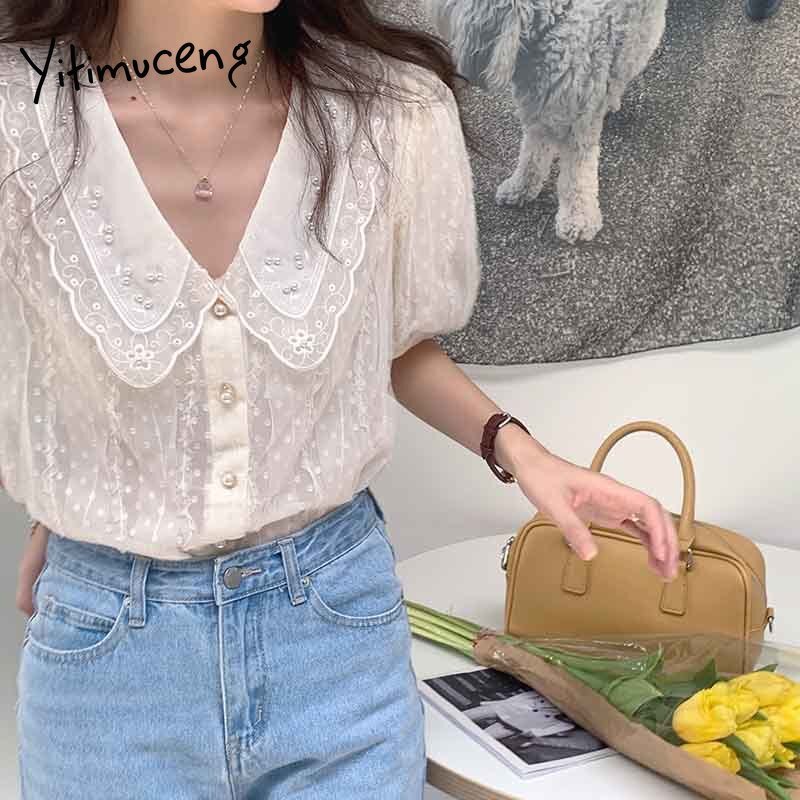 Yitimuceng Lace Blouse Women Pearl Button Up Shirts Puff Sleeve V-Neck Unicolor Apricot 2021 Summer French Fashion New Tops