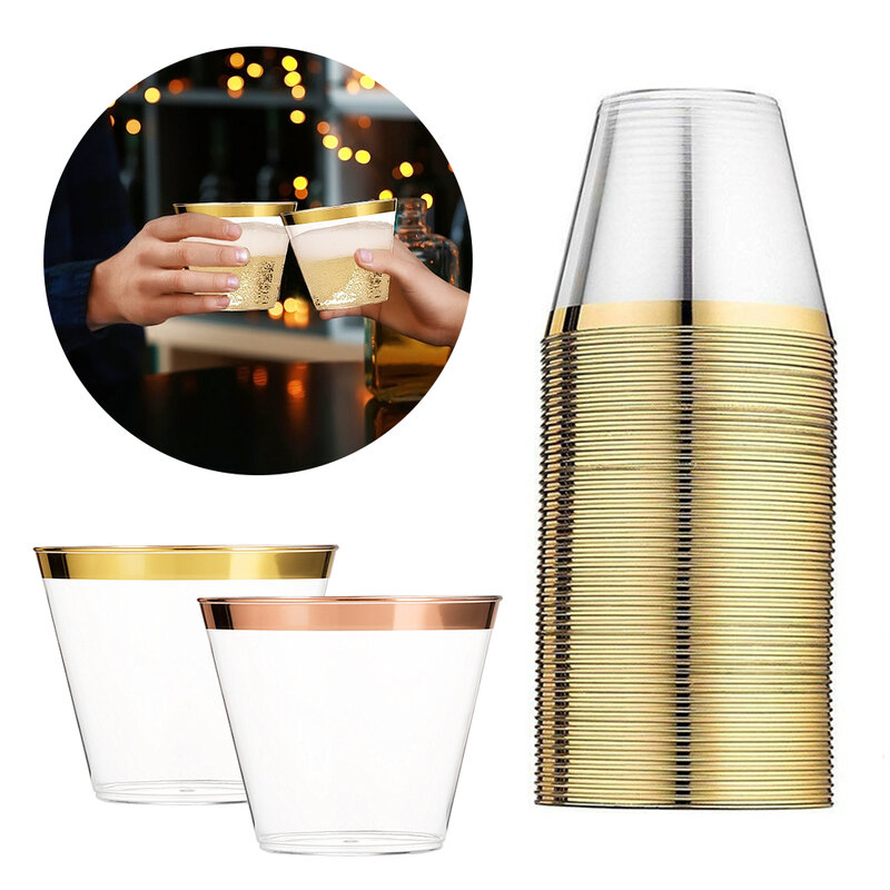 Taza de plástico de oro rosa de 9OZ y 250ml, vasos dorados desechables transparentes para fiesta, bebidas, vino, Navidad, cóctel