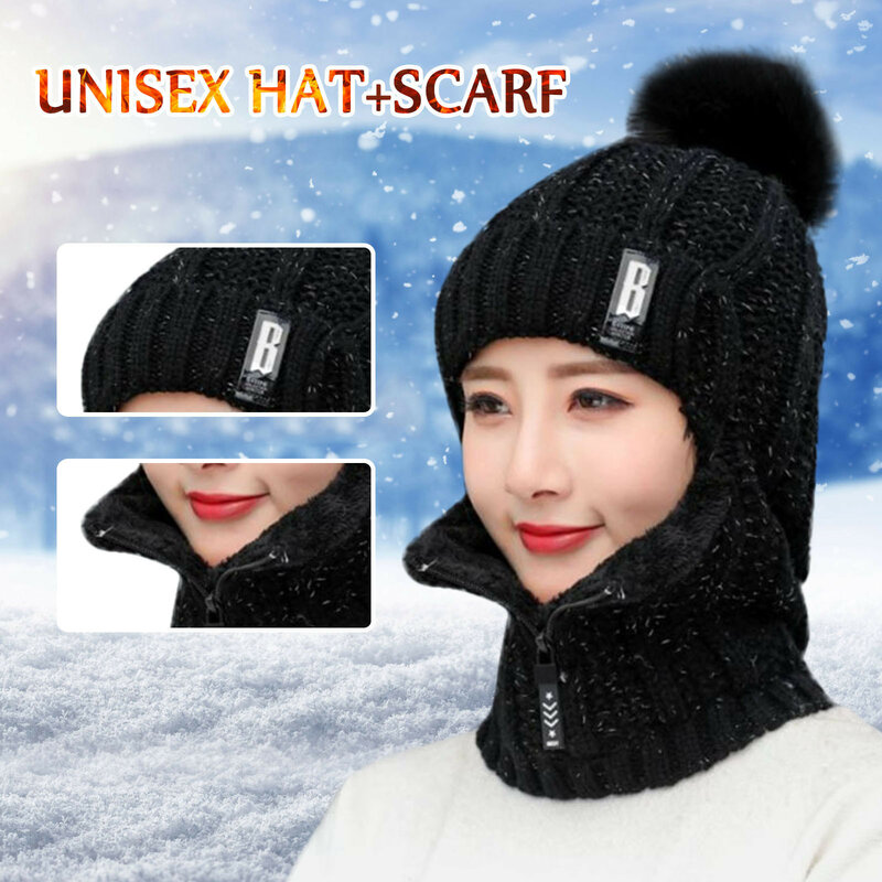 2021 여성 짧은 니트 모자 스카프 목 따뜻한 겨울 따뜻한 Pom Pom 모자 Windproof 스카프 여자 보호 귀 목 스카프 모자