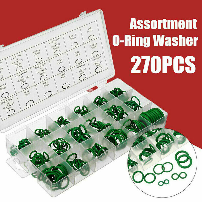 Arruelas de ar condicionado 18 tamanhos, kit de arruelas de borracha para ar condicionado com conjunto de anéis de vedação verde de nitrilo com 270 peças