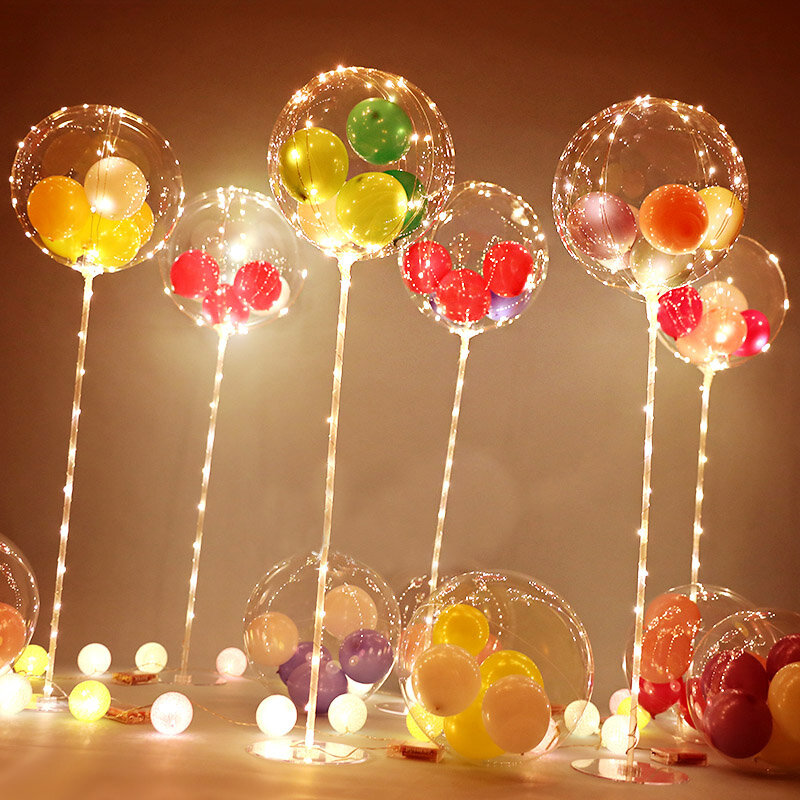 1Set Led Balon dengan Kolom Berdiri Bercahaya Transparan Bobo Balon Berdiri LED String Lampu Dekorasi Pesta Ulang Tahun Pernikahan