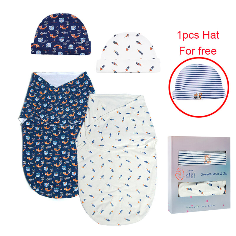 Anak Laki-laki Swaddle Set, 2 Pack Wrap Selimut dengan Kapas Topi Bayi Kantong Tidur, 0-3 Bulan