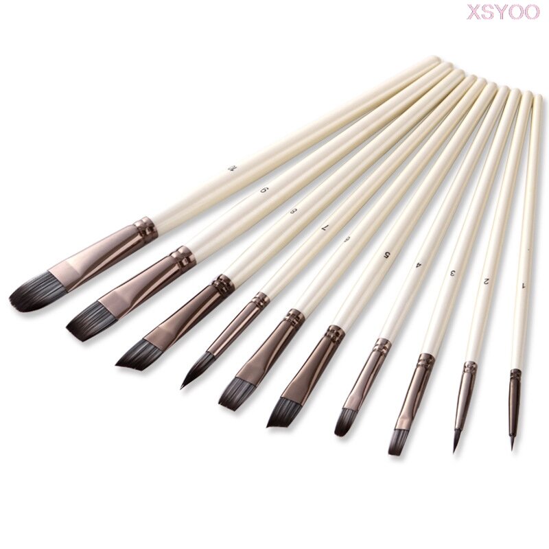 Xsyoo 10pcs Synthetic Nylon Hair Wood Paint Brushes Set For Artist Acrylic Gouache Oil Watercolor Painting Brushes Art Supplies