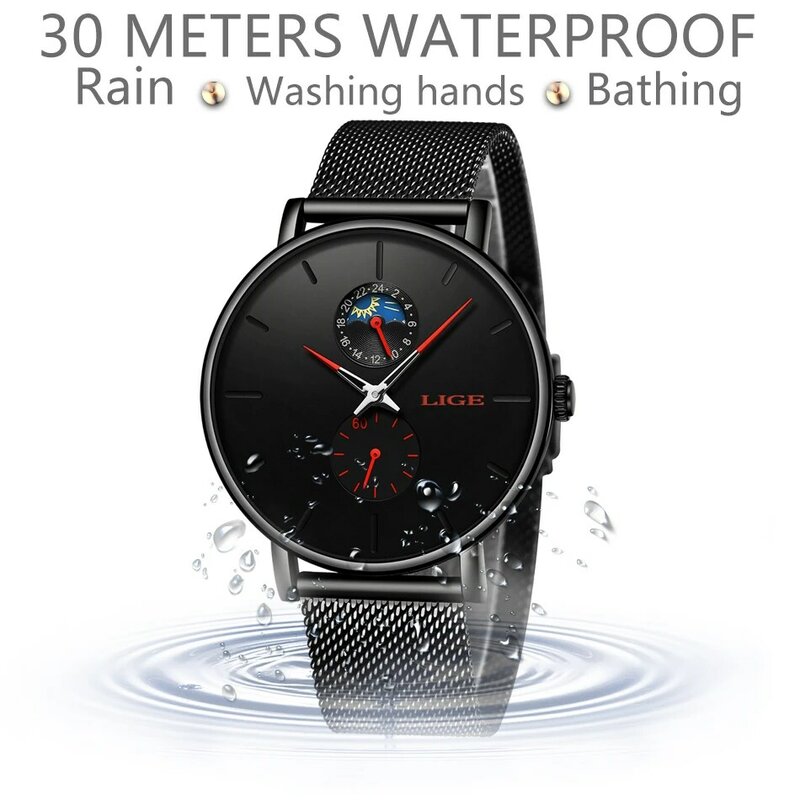 LIGE Quartz Watch Men Casual Red Waterproof Watch Stainless Steel Ultra Thin Male Clock 24 hour Watches Relogios Masculino 2019