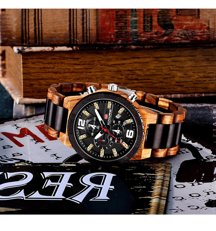 Sport Wooden Watches Multi-functional Quartz Men's Watch Wood Watches Big Dial Clock top brand luxury Calendar Men Wrist watch