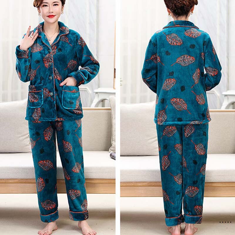 Vrouwelijke Nieuwe Casual Print Warm Tweedelige Pak Thuis Midden-Leeftijd Vrouwen Pyjama Herfst Winter Vrouwen Pyjama Mode vrouwen Sets NBH545