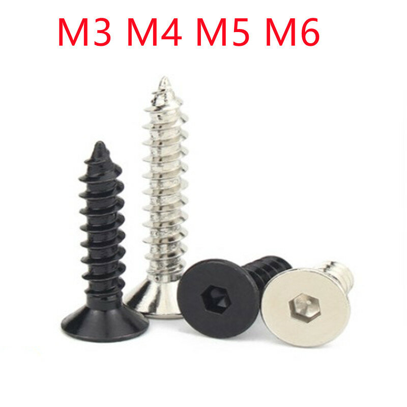 Tornillo de cabeza avellanada hexagonal plana, tornillo autorroscante M3 M4 M5, acero inoxidable, negro, 8,8 BK, 10/50 piezas