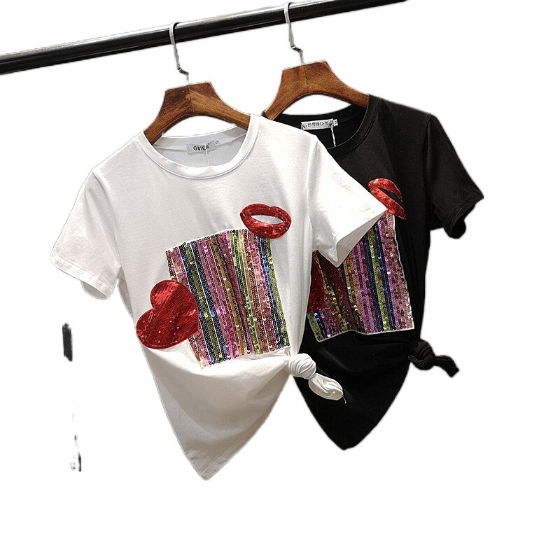 Wiosna kobiety dwuczęściowe stroje luźna miłość olśniewająca koszulka z krótkim rękawem + spodnie dżinsowe z dziurami kobiet T Shirt zestaw kombinezon 2021