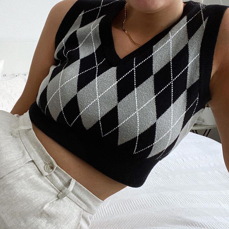 Vintage Y2K Crop Top Argyle เสื้อกันหนาว V คอแขนกุดจัมเปอร์ Preppy สไตล์ลายสก๊อตถักเสื้อกันหนาวฤดูใบไม้ร่วงฤดูห...