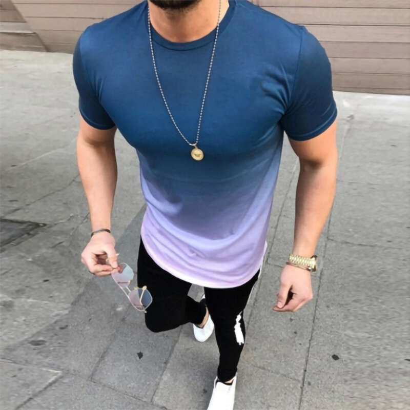 2021 nova marca de fitness gradiente cor camiseta masculina manga curta 3d exercício topos t camisa verão secagem rápida casual t camisa