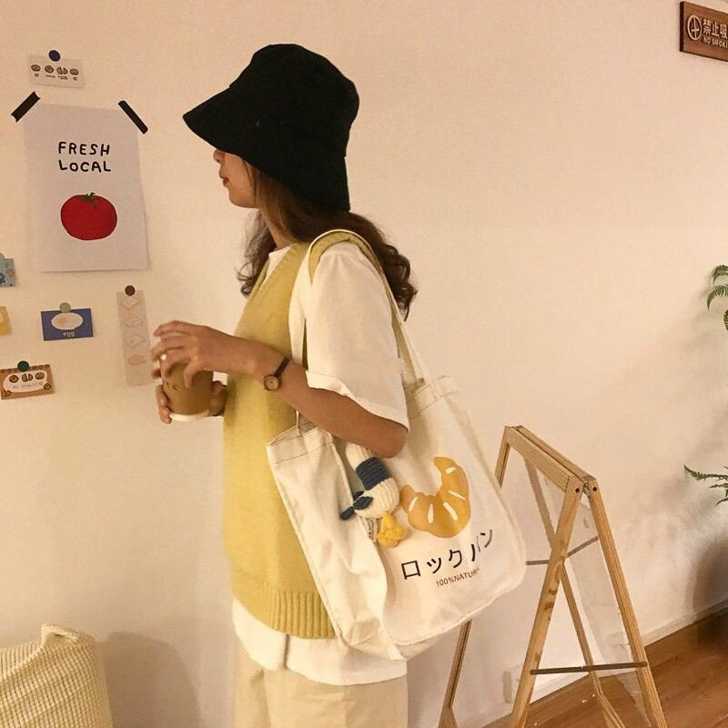 Sacs de Shopping pour femmes, sacs à bandoulière imprimés dessin animé, recyclable écologique grande capacité joli Harajuku étudiant rétro Ins réutilisable