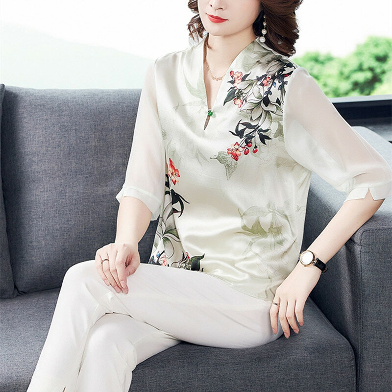 ผ้าไหมเกาหลีผู้หญิงเสื้อผู้หญิงผ้าไหมเสื้อ PLUS ขนาดผู้หญิง Elegant ดอกไม้เสื้อเสื้อซาตินพิมพ์เ...