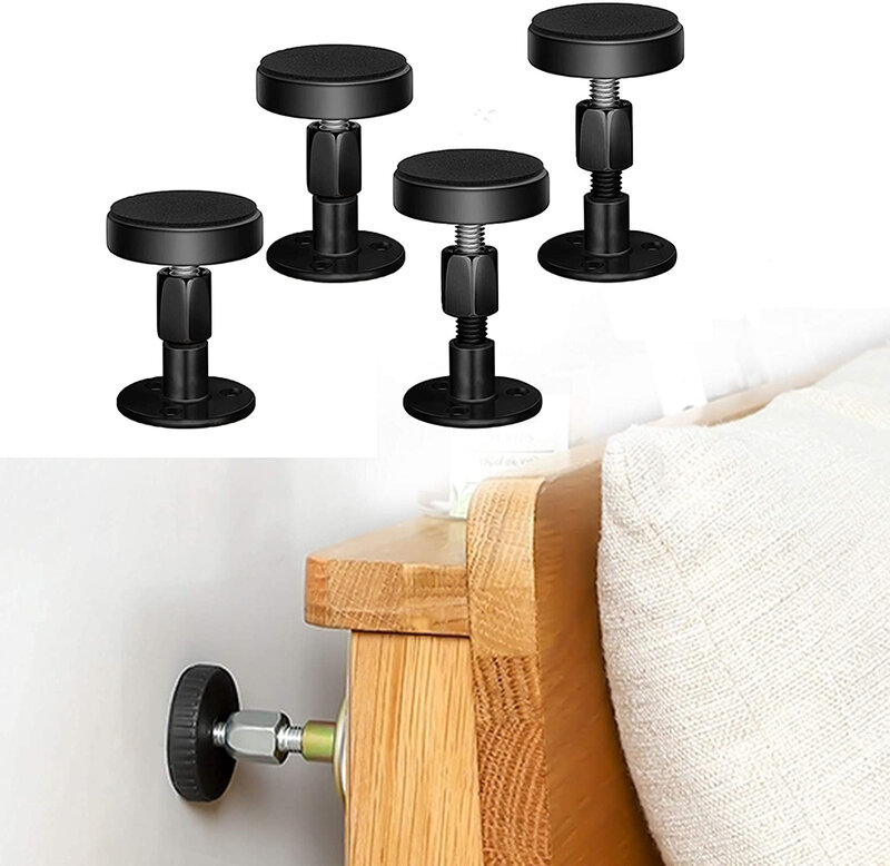 Adjustable Threaded Bed Frame Anti-Shake Tool, 4Pcs Headboard Stoppers, Bedside Anti Shake Tool for Beds Cabinets Sofas (Black)