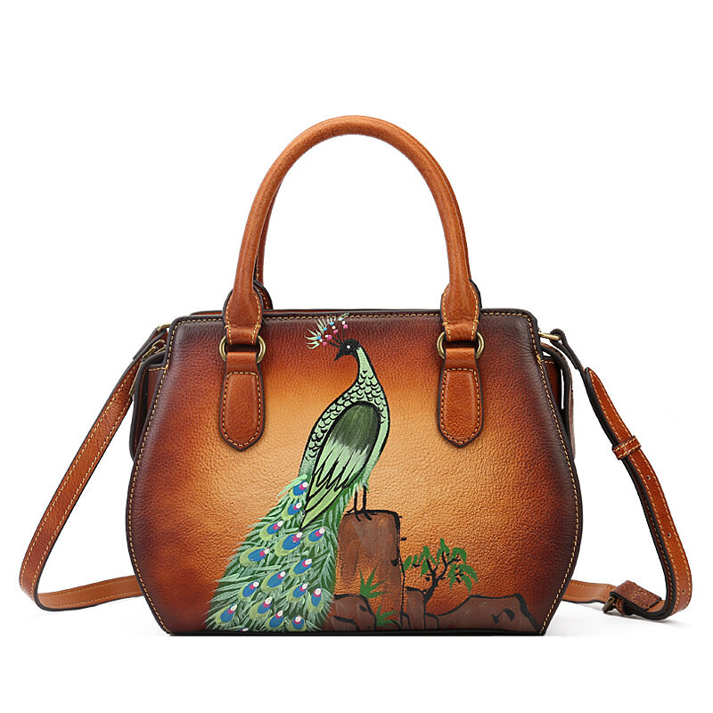 女性用の手描きの孔雀の革バッグ,牛革のプリントが施された女性用ハンドバッグ,メッセンジャーバッグ,2021
