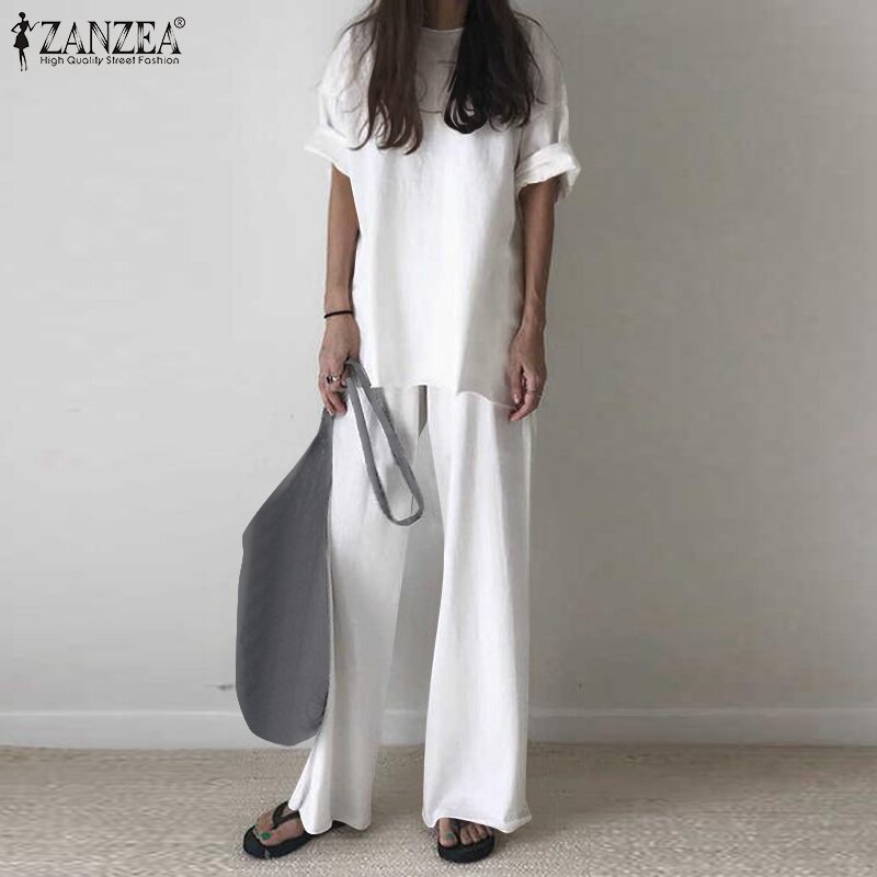 Casual Loose Matching Sets Women Fashion Solid Tracksuit ZANZEA Blouse And Trousers Suits Wide Leg Pants Spring Suits Sets 2PCS