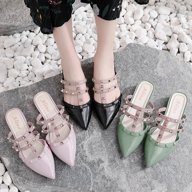 Summer new style pointed rivets, thick-heeled shoes, half-pack slippers, women's all-match sandals and slippers