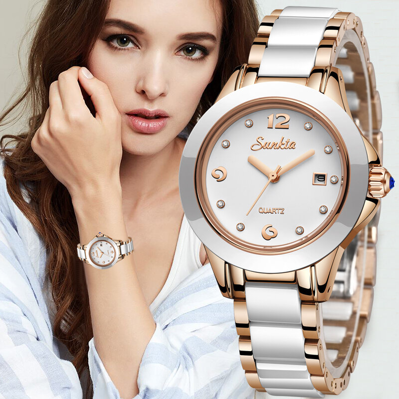 SUNKTA แฟชั่นผู้หญิงนาฬิกา Rose Gold ผู้หญิงสร้อยข้อมือนาฬิกา Reloj Mujer 2021New CeramicWaterproof ควอตซ์นาฬิกาสำหรับสตรี