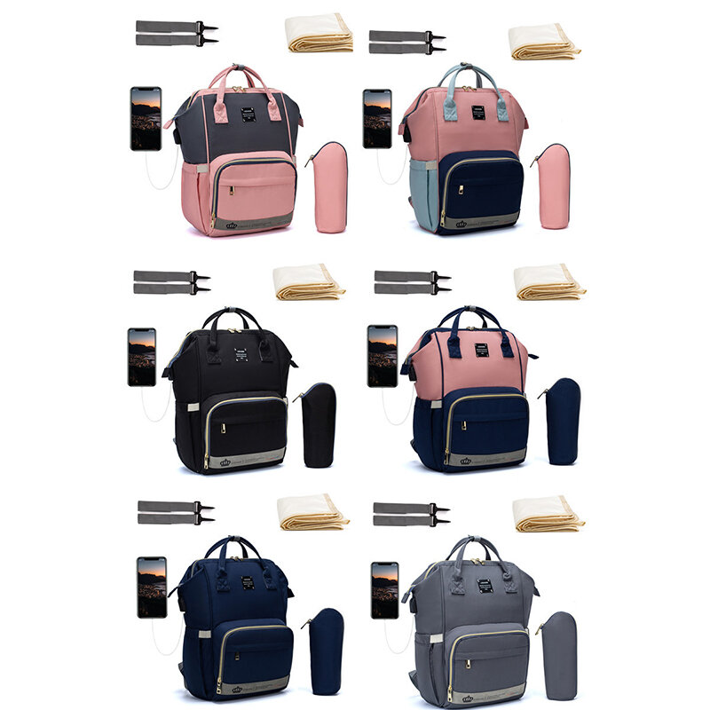 Lequeen-기저귀 배낭 가방, 엄마 USB 대용량 가방, 엄마 아기 위장, 방수 야외 여행 기저귀 가방, 아기 케어용