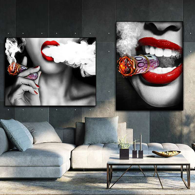 Póster Artístico de pared para mujer, pintura en lienzo para decoración del hogar y sala de estar, con labios rojos, imagen de reloj para fumar, dólares quemados, dinero, 2022