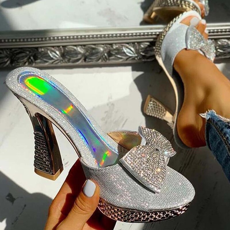 Pantoufles à la mode avec nœud papillon pour femmes, chaussures d'été Sexy à talons hauts et épais avec plateforme en cristal, 2021