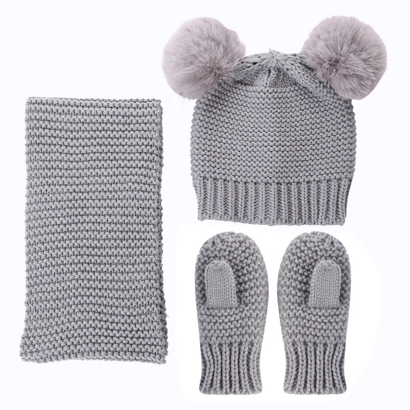 Ensemble de trois pièces pour enfant, bonnet, gants et écharpe en laine, couleur unie, à la mode, chapeau chaud au Crochet, couvre-chef pour bébé, accessoires Photo