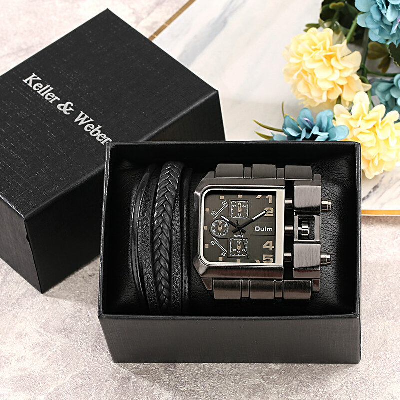 Relógio de pulso casual quadrado dial ampla cinta relógio de quartzo masculino marca de luxo relógio super grande masculino pulseira relógios 2pcs presente conjunto