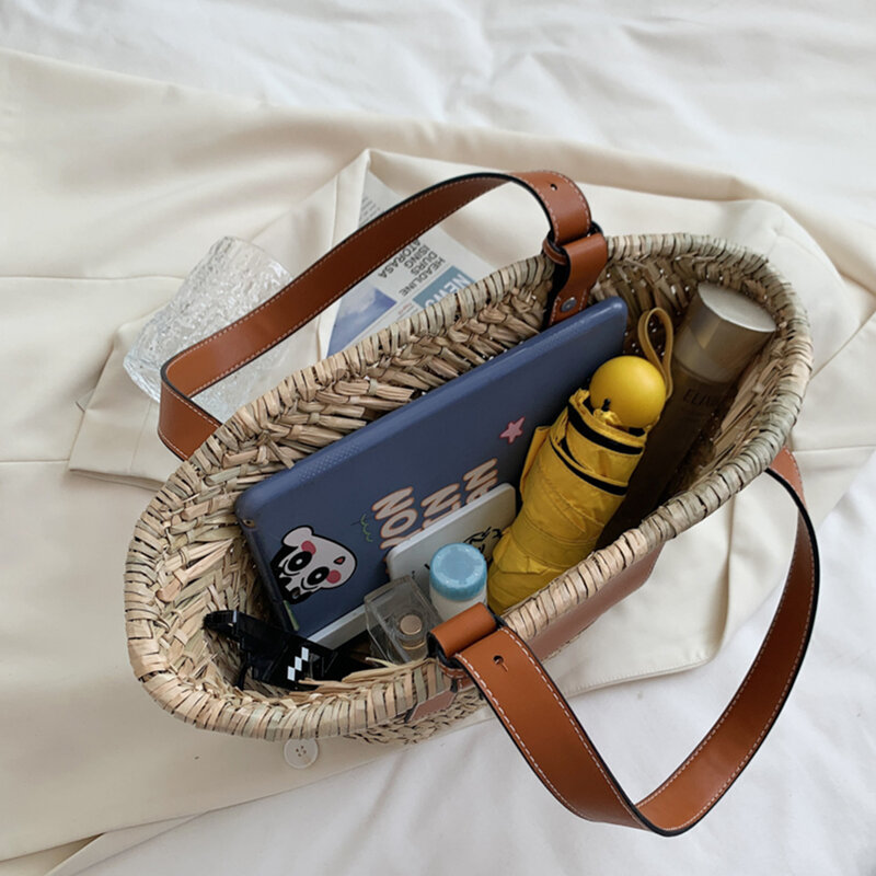 Bolsos de mano femeninos de paja tejida, bolsos de diseñador para mujer, bolsos de hombro de Color de contraste, bolso de viaje de paja para vacaciones, 2021