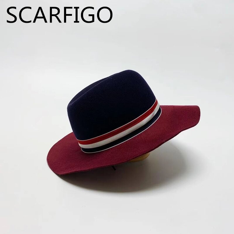SCARFIGO kobiety wełna kapelusz Fedora s szerokie rondo jednokolorowe Retro kapelusz Fedora kobieta parasolka płaskie czapki daszki kapelusze