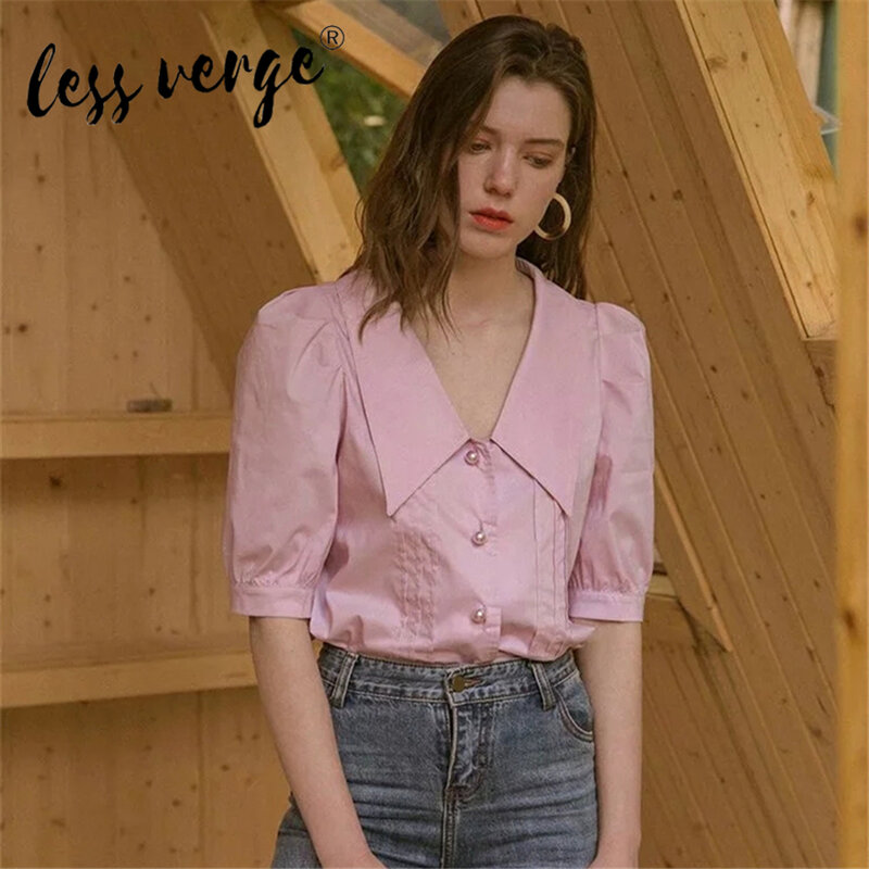 Lessverge Women Shirts Short Sleeve Summer Blouse Button Down Baby Doll Neck Solid Color Puff Sleeve Vinatge Casual Blouse
