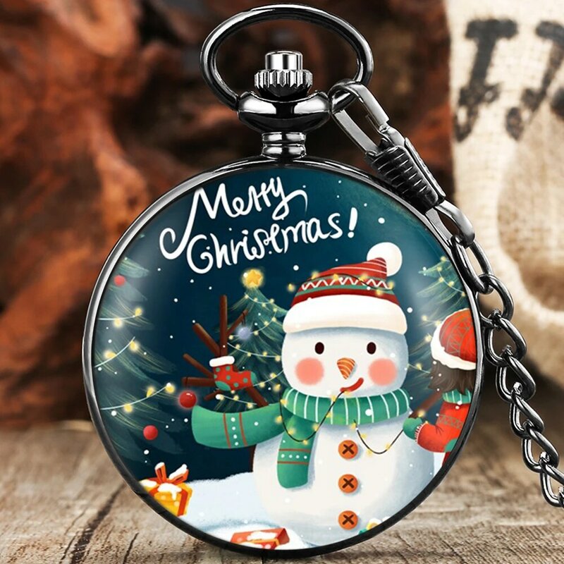 สีดำ Merry Christmas นาฬิกา Vintage โบราณ Retro Analog นาฬิกาควอตซ์ Santa Claus สร้อยคอสร้อยคอจี้ของขวัญ