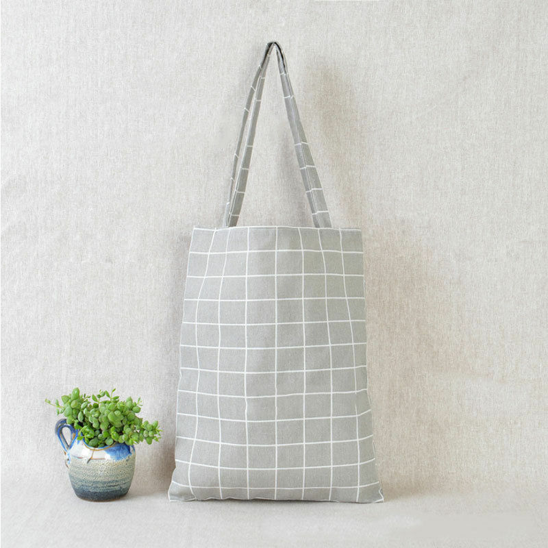Reusable Cotton Linen Single Shoulder Bag Women Shopping Canvas Tote Check Plaid Female Flax Grocery Bag