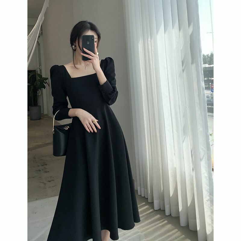 GUOGE 드레스 프랑스어 블랙 풀 슬리브 숙녀 롱 스커트 2021 새로운 봄 레트로 광장 햅번 스타일 스퀘어 칼라 드레스 패션