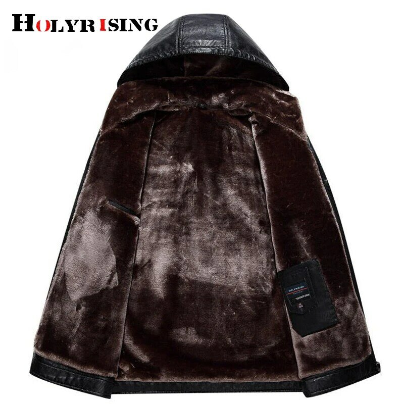 Holyrising men leather Jacket hooded removable plus size velvet padded Faux Jacket Mens Warm PU Leather Jackets Coats 19066