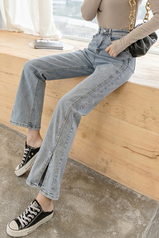 Джинсы с разрезом женские свободные прямые брюки Брюки Новинка Весна 2021 корейские брюки с высокой талией трендовые прямые джинсы