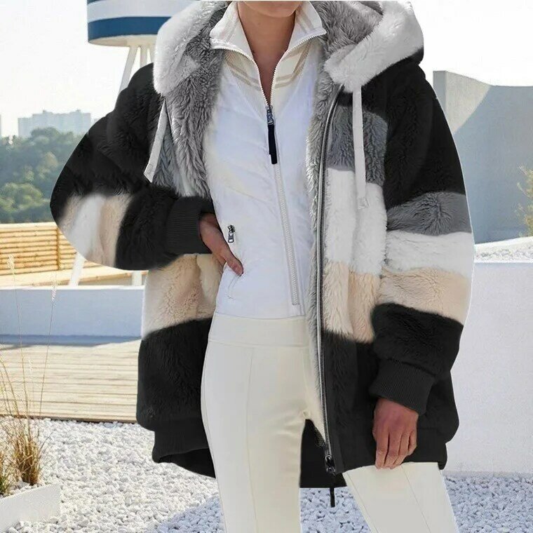 Женская свободная куртка с капюшоном, теплая плюшевая куртка в европейском и американском стиле с карманами на молнии, Осень-зима 2021