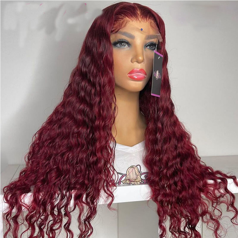 26 Inch Burgundy Long 180% Density Curly Synthetic Lace Front Wigs For Women Preplucked With Baby Hair Glueless Heat Resistant