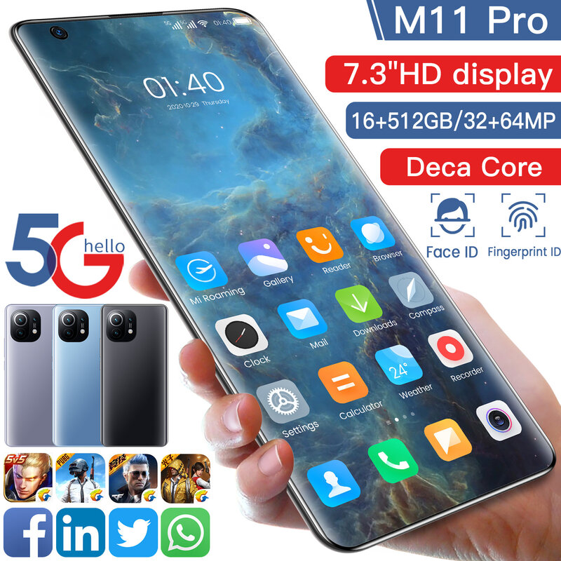Xiao M11 Pro Smartphone 16G 512G Deca Core 5G rete ID impronta digitale Face ID schermo HD da 7.3 pollici versione globale telefono cellulare