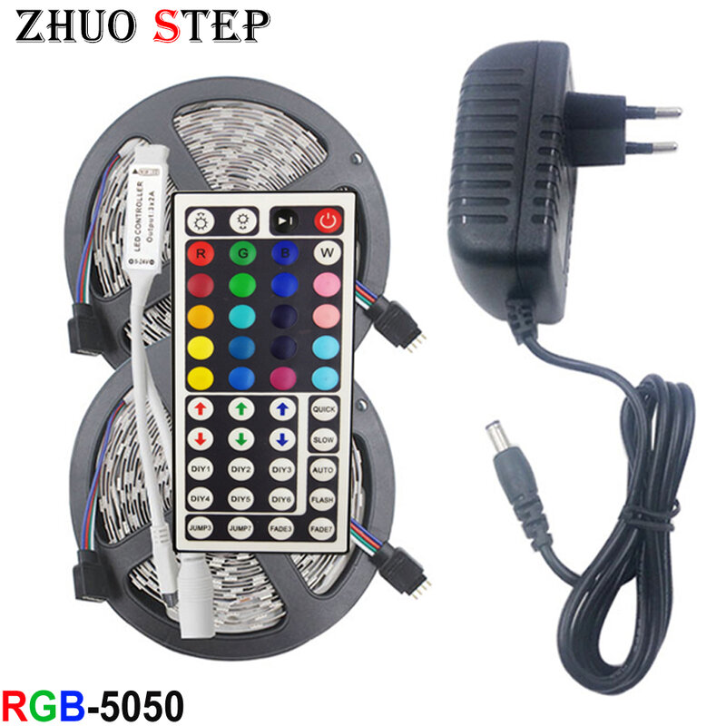 LED 스트립 라이트 RGB SMD 5050 2835 LED 테이프 5M 방수, 유연한 LED 스트립 다이오드 조명 리본 컨트롤러 DC 12V 어댑터 세트
