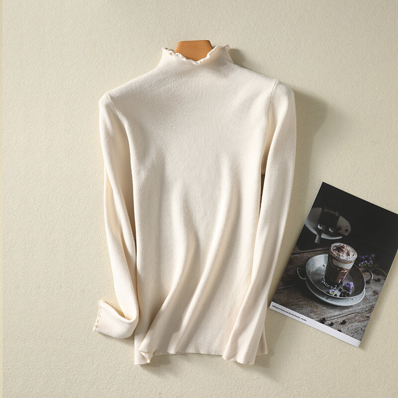 Temperament Slim solidny kolor sweter damski jesienno-zimowy 21 nowy długi rękaw grzyb pulower z okrągłym dekoltem dzianina długa koszula